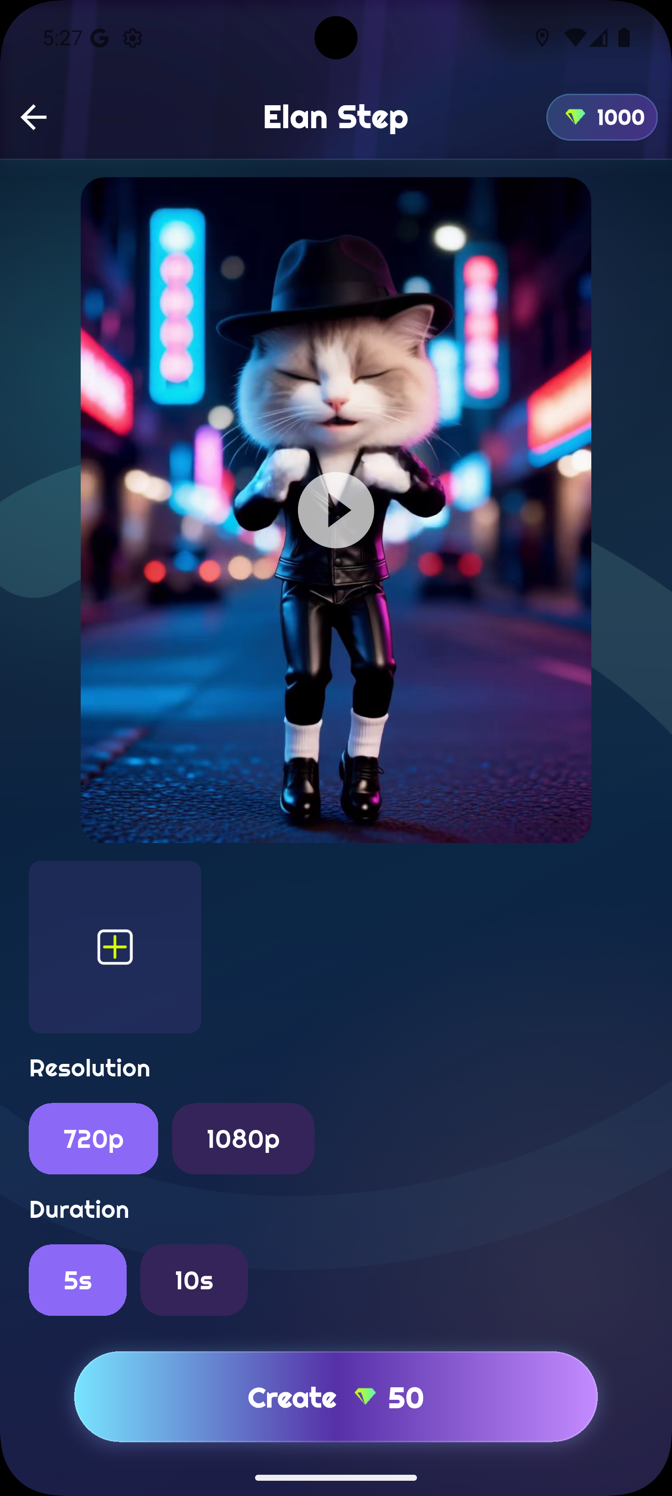 MotionMeld AI video creation screen with resolution and duration controls