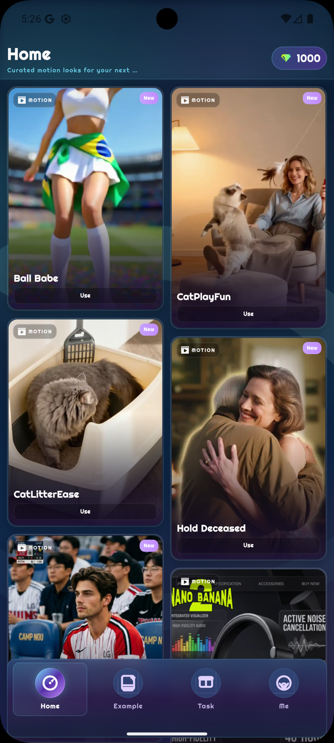 MotionMeld AI home screen with curated motion looks